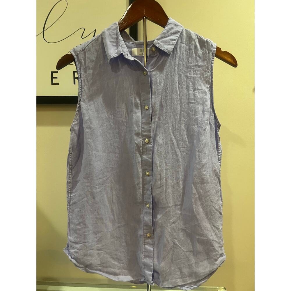 Linen Blend Sleeveless Blue Button-down Top